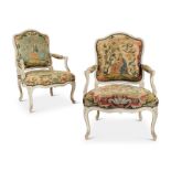 A pair of Louis XV grey painted fauteuils à la reine by Louis Falconet