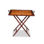 A Victorian mahogany, purplewood and sycamore marquetry butler’s tray on folding stand