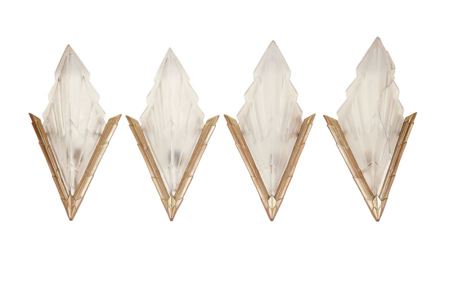 A set of four Art Deco frosted glass 'skyscraper' wall lights by Degué