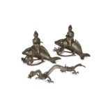 A pair of Meiji period bronze censers depicting Ebisu on a carp, together with a bronze dr