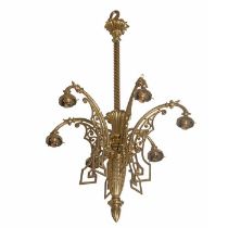 A late Victorian neo-Grec style gilt brass five light chandelier