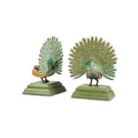 A pair of mid 20th century cold painted bronze peacock book ends