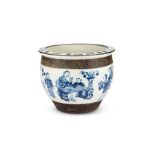 A 19th c. Chinese blue and white earthenware crackle glaze jardiniere / fish bowl