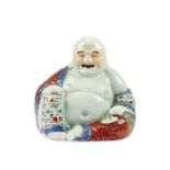 A Chinese polychrome porcelain figure of a seated laughing buddha incense holder