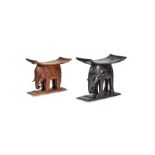 An ebonised tribal elephant stool and another similar carved hardwood example