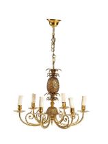 A gilt brass five light pineapple cast chandelier