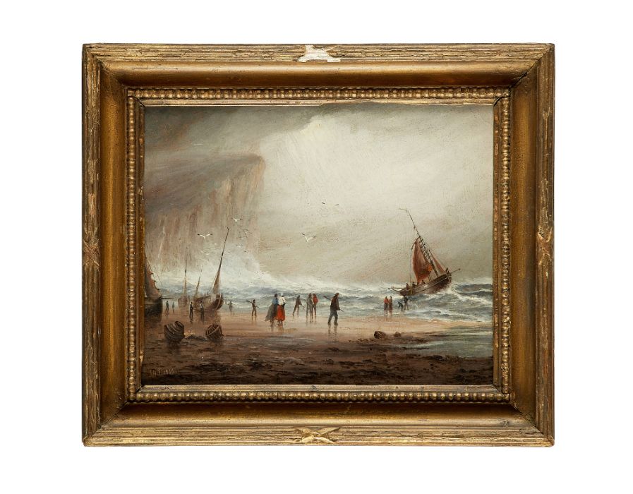 English School, 19th century Fishing boats in stormy waters
