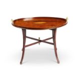 A George III mahogany and marquetry oval tray on later stand