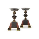 A pair of 19th century Neo-Grec marble, bronze and gilt bronze chimney ornaments