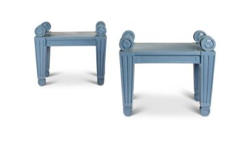 A pair of blue/grey painted Regency style hall stools in the manner of C.H Tatham
