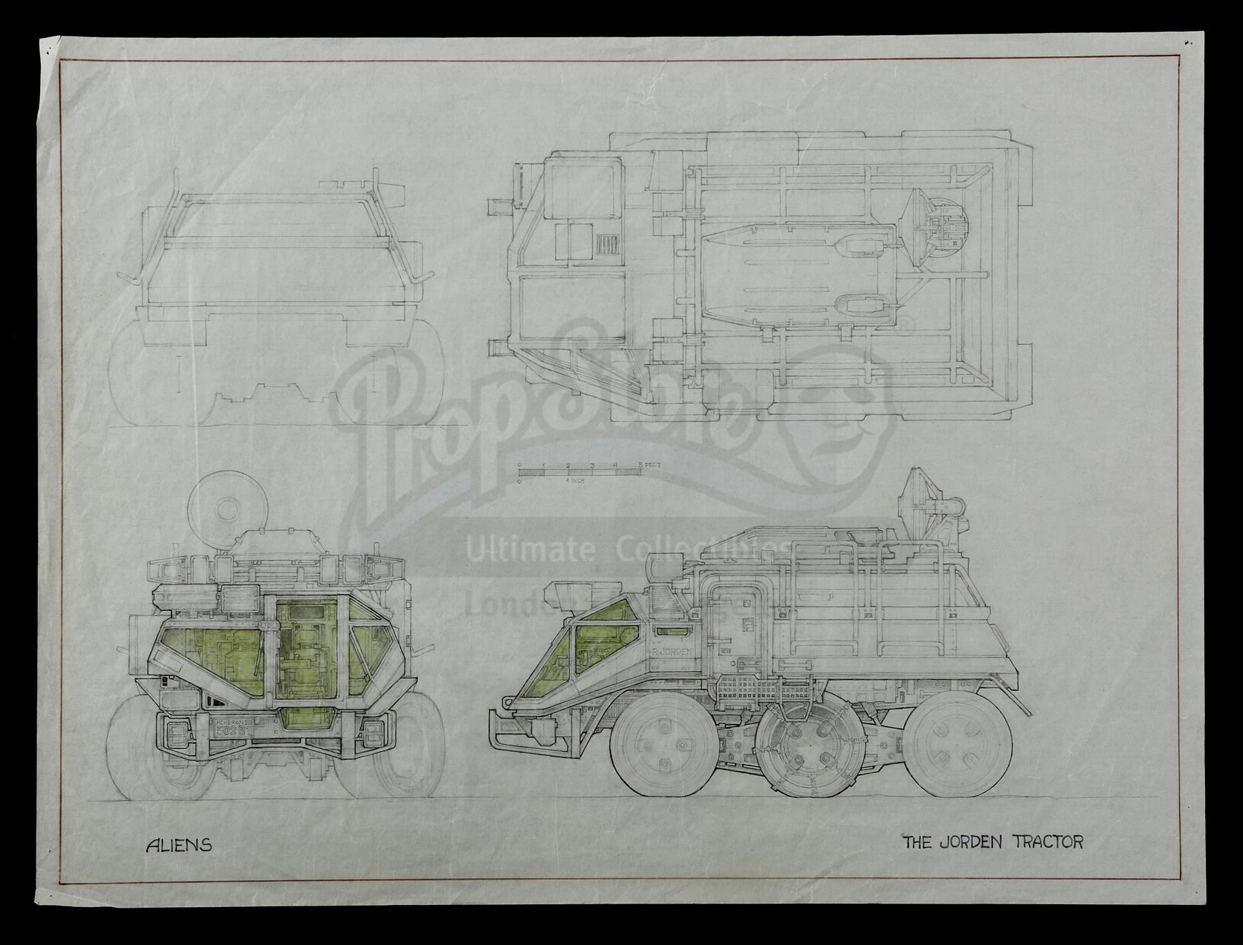 Lot # 465: ALIENS - Hand-Illustrated Ron Cobb Daihotai Tractor Concept Sketch