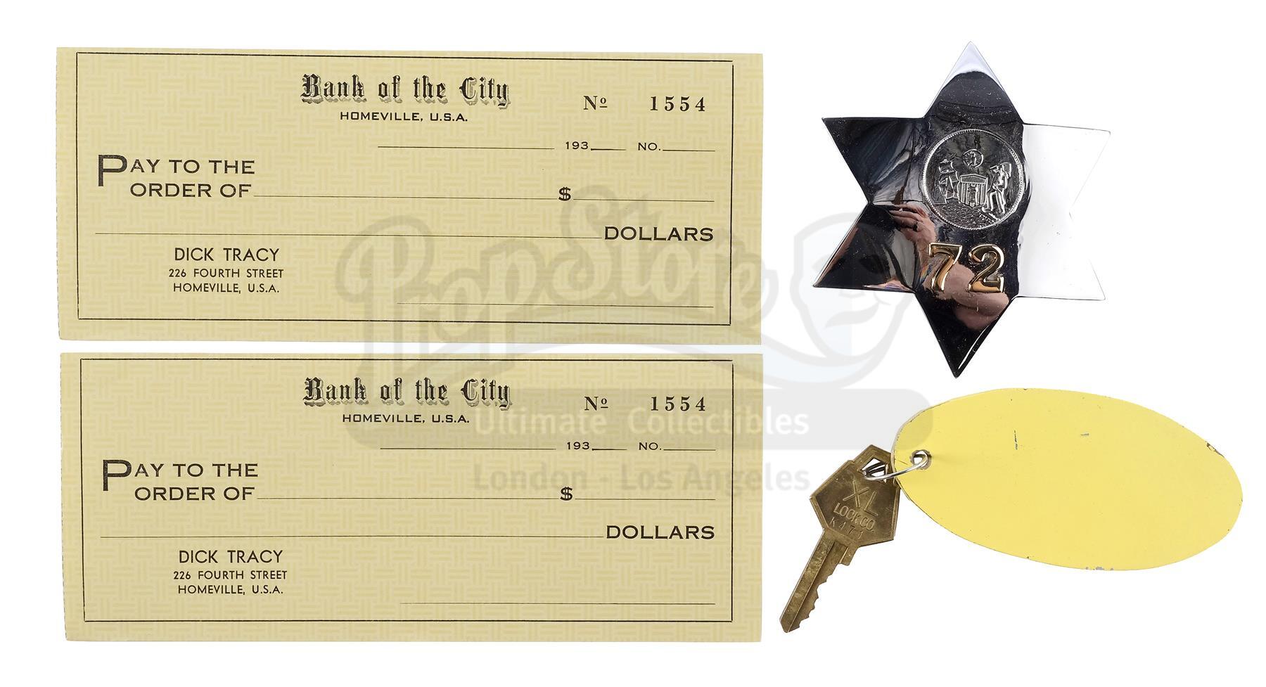 Lot # 614: DICK TRACY - Police Badge, Midway Hotel Key, and Dick Tracy's (Warren Beatty) Blank Check