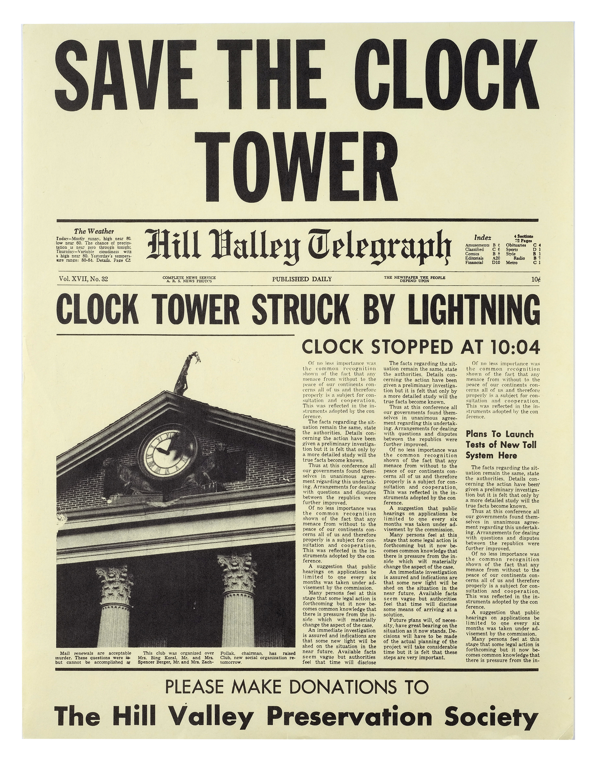 BACK TO THE FUTURE (1985) - Pair of Yellow and White "Save The Clock Tower" Flyers - Image 2 of 6