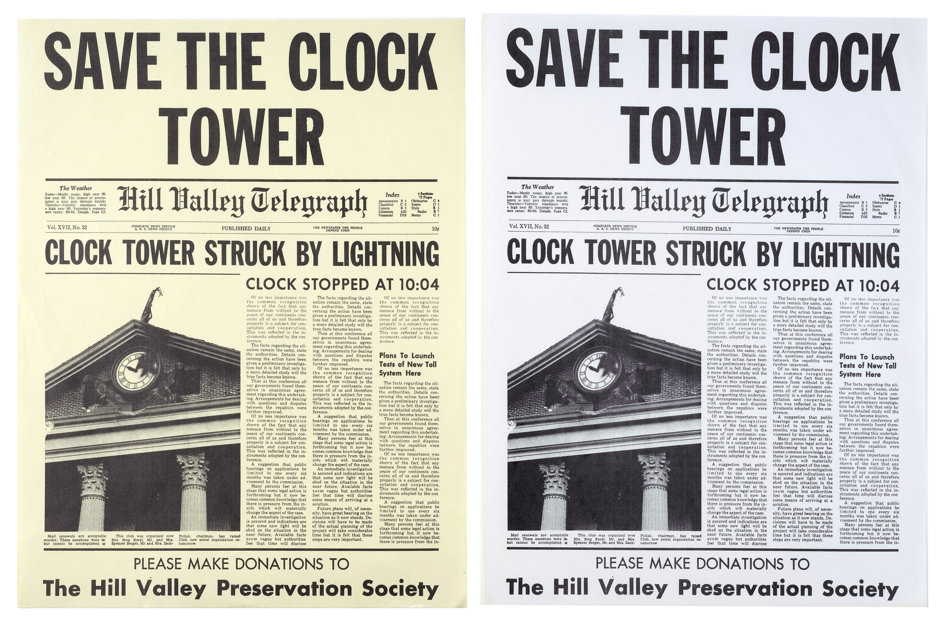 BACK TO THE FUTURE (1985) - Pair of Yellow and White "Save The Clock Tower" Flyers