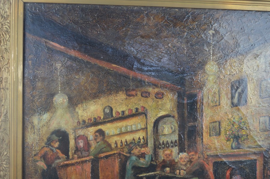A framed oil on canvas depicting a tavern scene - signed - Image 2 of 4