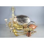 A quantity of silverplate, copper and brass ware to include candelabra, brass cannon and copper
