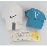 A Roger Federer hand signed cap together with a signed Internationaux De France 2012 ticket