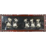 An Indonesian silvered thread needlework panel, depicting five figures, 16 by 49cm.