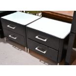 A pair of Dwell bedside tables with two drawers and frosted glass top 44cm by 55cm by 42cm
