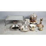 A group of silver plate ware to include burner, candlestick, and two Elkington plateware coasters