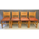 Four 17th century style oak chairs with nulled back panels and red leather seats