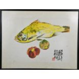 A Chinese screen print of yellow fish and fruit, signed and stamped with red seal mark, 33 by