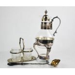 A silver plated and glass coffee carafe on stand, (lacking tea light holder), 37cm high, together