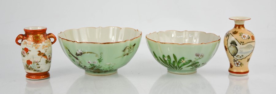 A group of Chinese and Japanese porcelain to include two bowls and two miniature vases 7cm high.