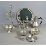 A group of French and English pewter to include James Dixon coffee pot, candelabra, candlesticks,