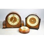 A vintage wall barometer together with a Smiths and other 1930s mantle clocks.