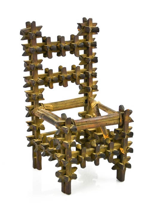 A miniature Tramp Art 'Crown of Thorns' chair, 16cm high.