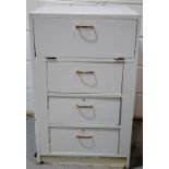 A wooden painted cabinet with drop down cupboard door and drawers below.