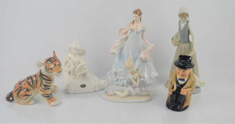 A Royal Winston Churchill jug , Nao figurine , Russian pottery tiger cub and a Royal Worcester