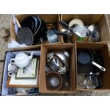 A group of kitchen ware to include pans, glassware, pictures, teapot and other items. (5 boxes)