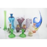 A group of vintage glassware, included coloured vases, bowls and other examples.