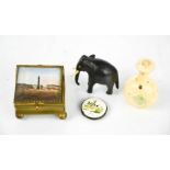 A Victorian brass and glass trinket box, a porcelain pill box lid, a carved elephant and bone