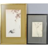 Three Chinese prints, one depicting landscape, one with bird in flight and the other depicting