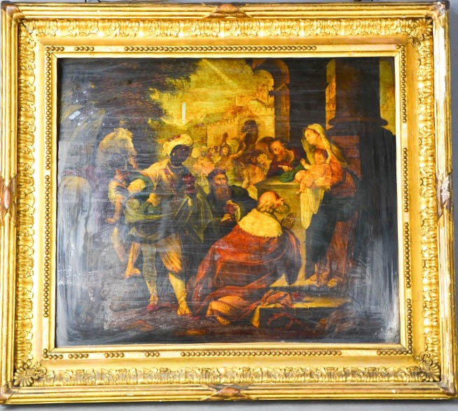 A 19th century reverse painting on glass, depicting The Three Wise Men visiting baby Jesus.