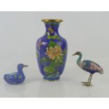 A Chinese cloisonne vase together with a Chinese cloisonne Crane and a duck trinket box - Vase