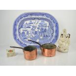 A Victorian Willow pattern meat dish together with a Staffordshire flat back ornament and two