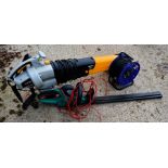 A Ryobi leaf blower, boot scraper, extension lead and hedge cutter.