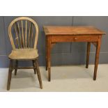 An antique side table with single drawer and square tapered legs, 72 by 79 by 44cm, with a single