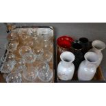 A group of glassware, to include bohemian decanter set, together with a retro vase, and four further