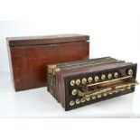 A Victorian mahogany and mother of pearl accordion with paper lining, and travelling case.