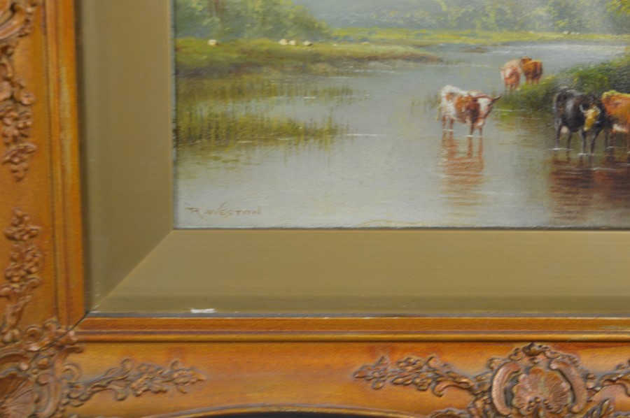 R.Weston (19th century): oil on board, cattle river scene 28cm by 18.5cm, two paintings - Image 2 of 2