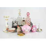 A group of ceramics and glass, to include Prattware pot lid, a ceramic candlestick painted with