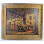 A framed oil on canvas depicting a tavern scene - signed