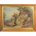 A 19th century watercolour depicting cottages in a landscape with figures to the fore, unsigned,