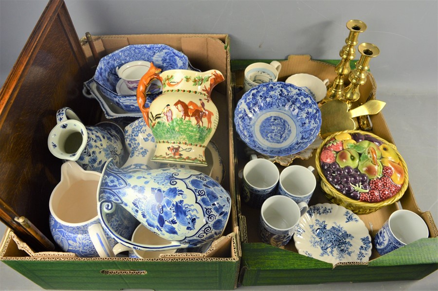 A group of mixed ceramics to include, Delft Regina jugs, Chinese bowl , wooden tray , Crown Devon