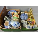 A group of mixed ceramics to include, Delft Regina jugs, Chinese bowl , wooden tray , Crown Devon